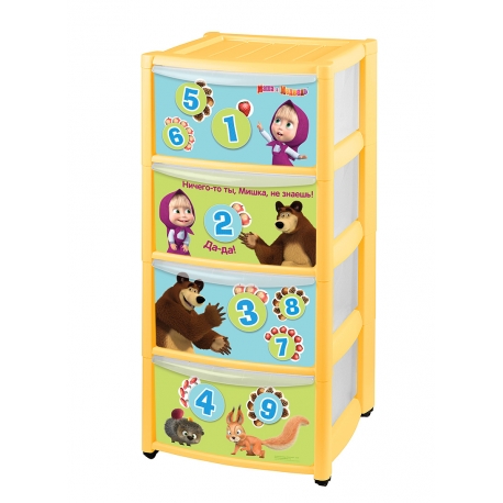 Комод пластиковый с 4 ящиками "Маша и медведь" цвет Желтый